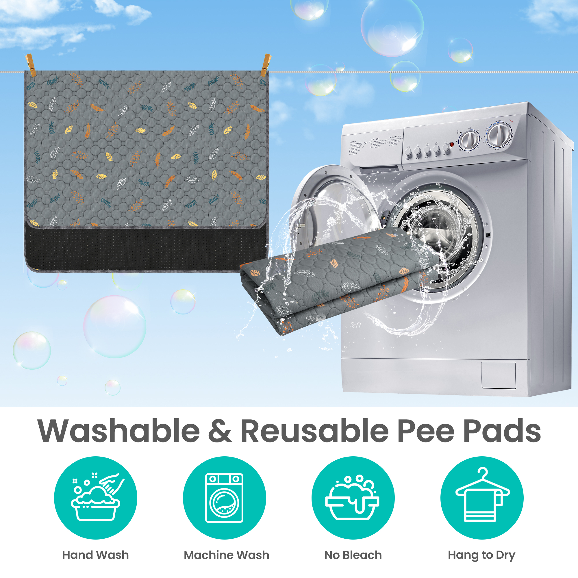 Washable Pee Pads for Dogs, 1 PACK 72" x 72" Reusable Puppy Pads Non-Slip Pet Leaf Pattern Training Pads, Super Absorbent Whelping Pads for Playpen, Potty, Crate, Bed (with 60''L Dog Leash)