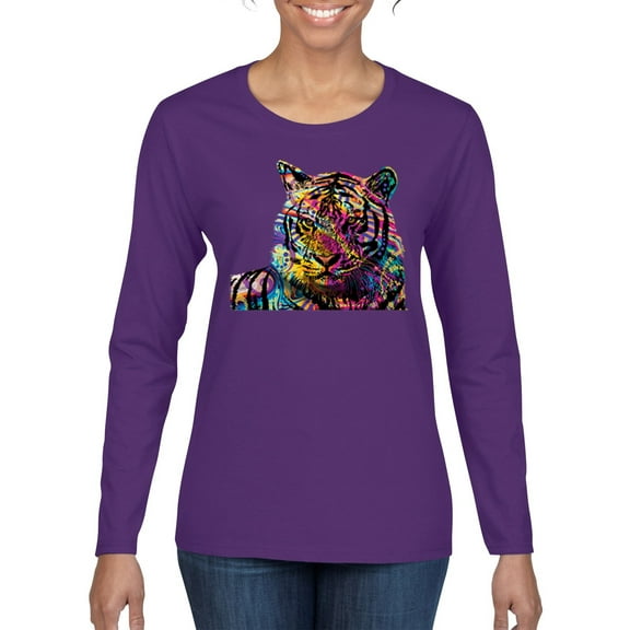 Wild Bobby Colorful Rainbow Siberian Tiger Animal Lover Women Graphic Long Sleeve Tee, Purple, Medium