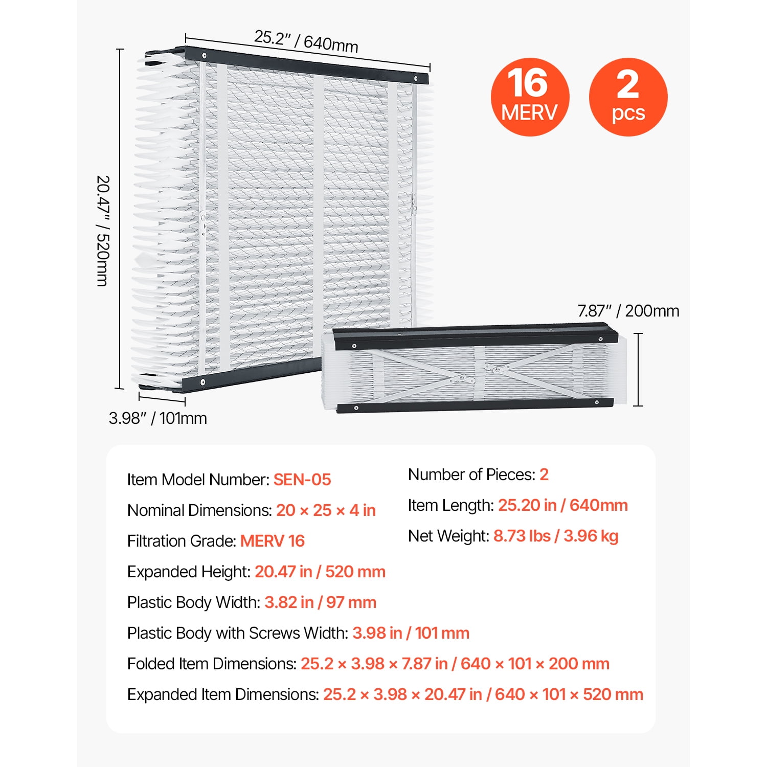 KFFKFF 20 x 25 x 4 Furnace Filter, MERV 16 HVAC AC Filters, Electrostatic Pleated Air Conditioner Filters, 2-Pack (Actual Size: 20.47 x 25.20 x 3.98 Inch) for Reducing Dust, Smog, and Pet Dander