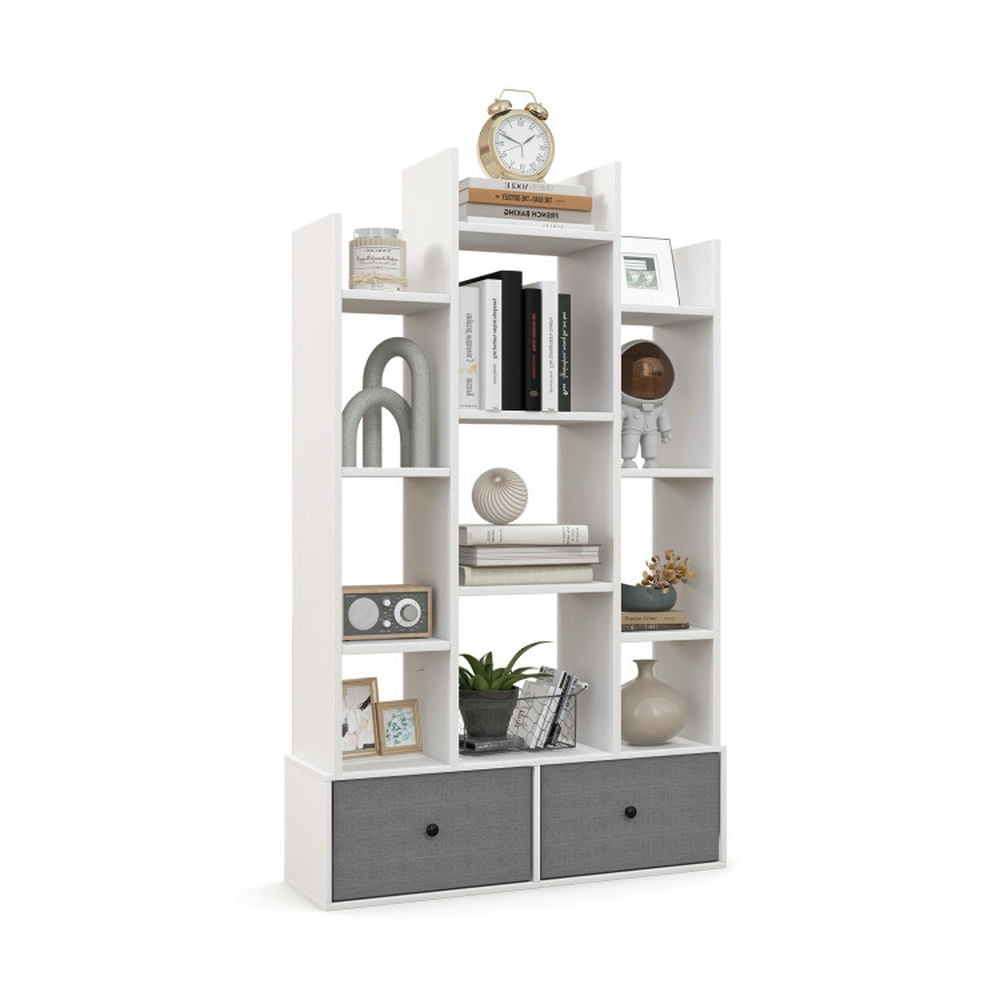 Demi Bonn 12-Tier Open-Back Bookshelf with Drawer, Space-Saving Storage Rack Bookcase, White