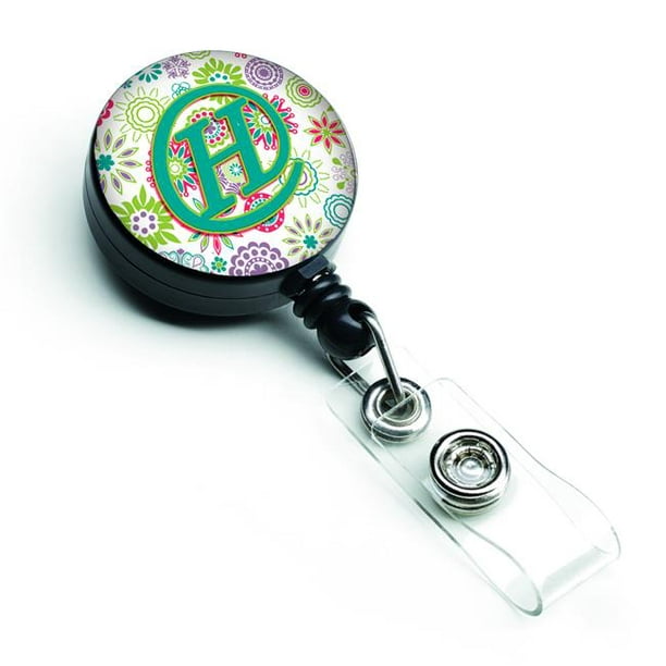 Lettre H Fleurs Rose & Vert Sarcelle Initiale Rétractable Badge Bobine