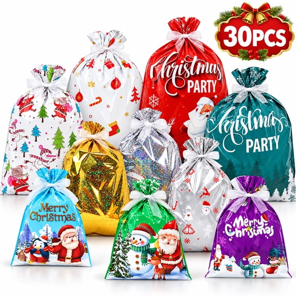 Christmas Bags for Gifts, Santa Wrapping Bag Set in Assorted Sizes & Designs for Holiday Presents, 30Pcs