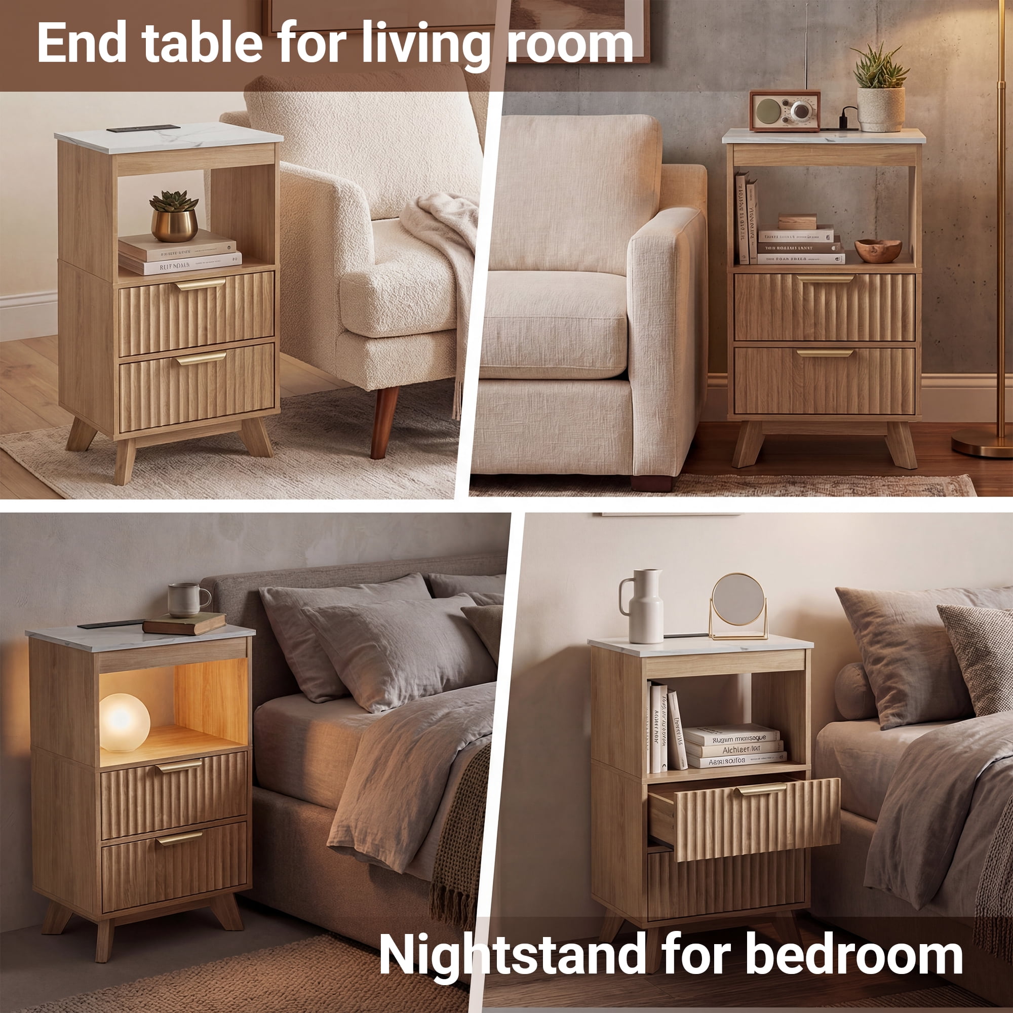 YDN Tall Nightstand Set of 2 - Modern Bedside Table with Fluted Design & Charging Station, Wooden Bedsides End Table with 2 Drawers and Storage Shelf for Bedroom, Living Room,Nature