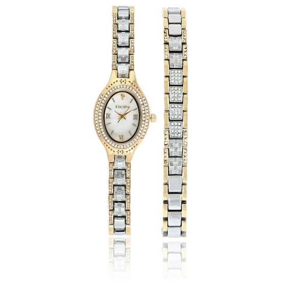 Elgin Adult Ladies Analog Alloy Two-Tone Oval 35mm Wristwatch Bracelet Set,EG180015ST