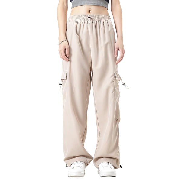 Amzcrzy Pantalones cargo informales para mujer: cintura elástica con cordón, bolsillos con solapa, estilo paracaídas/harem/jogging, holgados, cintura alta, tallas M-2XL. Marrón