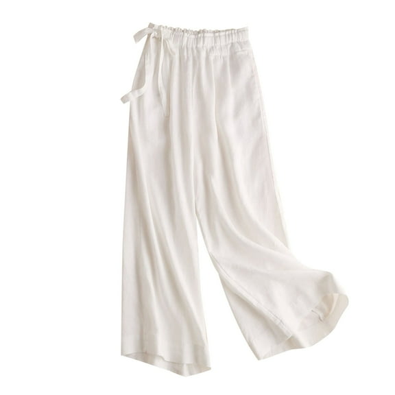 High Waist Wide Leg Pants for Women Tie Knot Baggy Comfy Womens Summer Flowy Cotton Linen Palazzo Pants Trousers