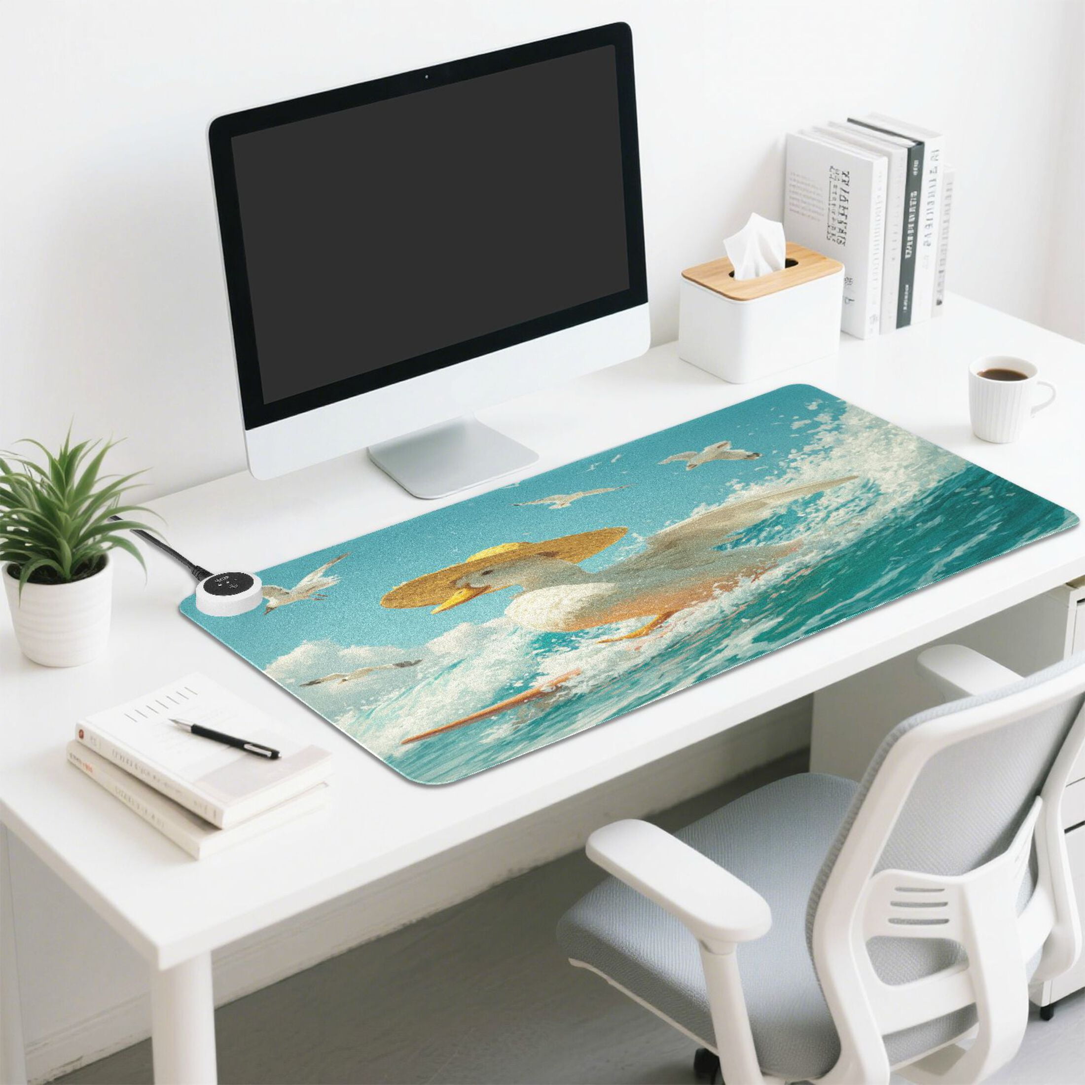 Wobogo White Duck Heated Mouse Pad Extra-Large Desk Mat With 3 Heating Levels and 3-hour Auto Shut-Off Protection Ideal for Computer Keyboards Home Office Hand-warming Essential 31.5in × 13in