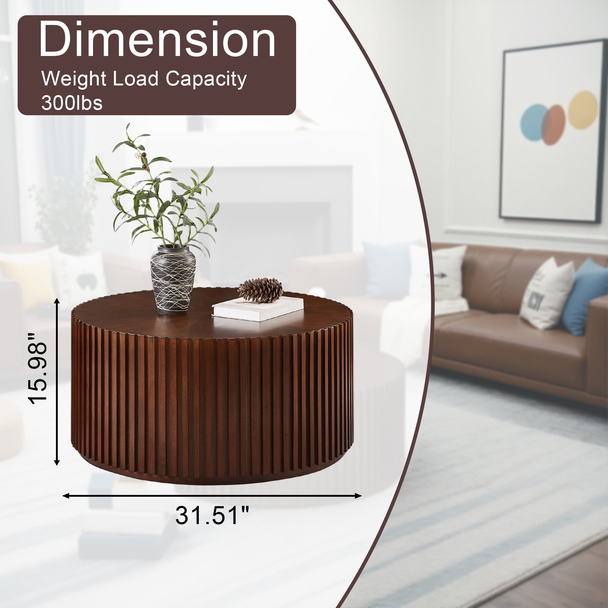 Gexpusm Round Coffee Table, Solid Wood Center Table for Living Room, Circle Drum Coffee Table with Handcrafted Relief, Walnut
