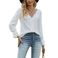 thumbnail image 4 of Deago Women's Puff Long Sleeve Shirts Lace V Neck T-Shirts Loose Dressy Casual Work Blouses Fall Tops Trendy Clothes (White, 2XL), 4 of 9