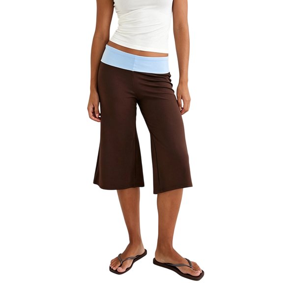 LMLYSoH Women's Capri Pants Fold Over Waistband Low Rise Contrast Color Wide Leg Cropped Lounge Trousers