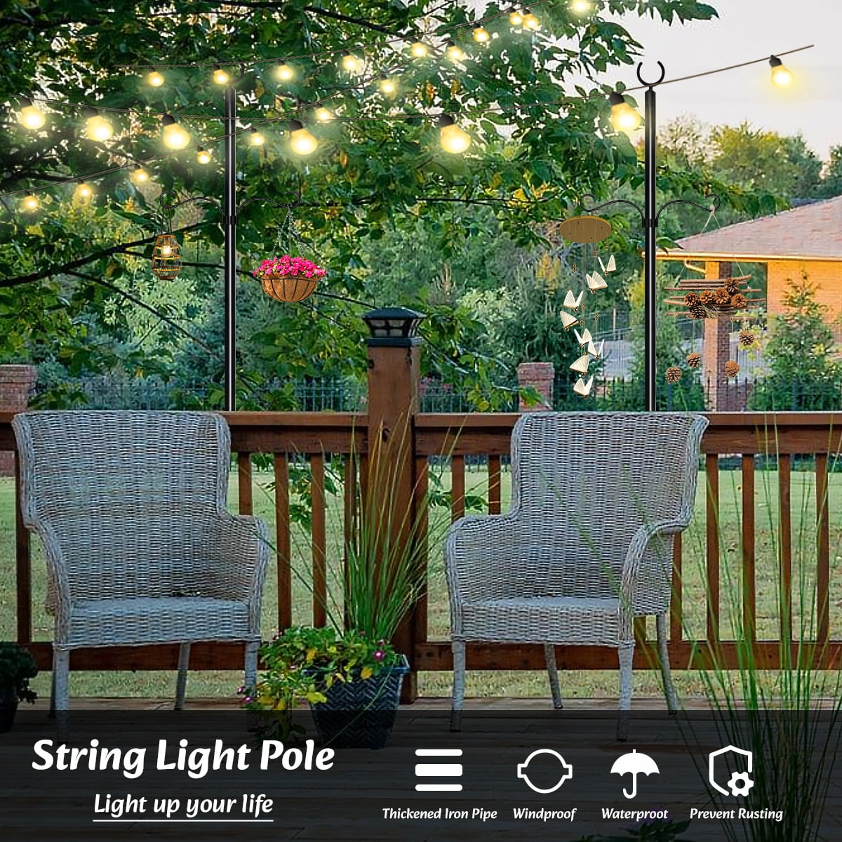 String Light Poles, 11.81 FT Metal Patio Poles with Hook , Outdoor Lighting Stand for Deck, Backyard, Balcony, Fence, Hanging Basket, Lantern, Bird Feeder-1Pack
