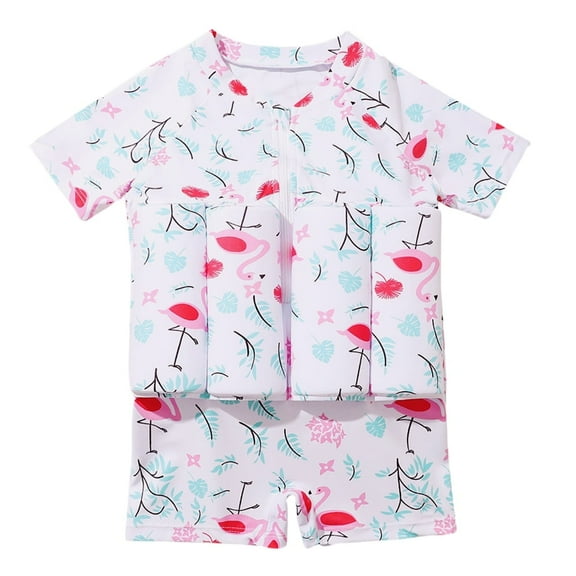 GYRATEDREAM 2-6Y Kid Girls Short Sleeve One Piece Float Suit Swimsuit Rashguard Buoyancy Bathing Suit/Flamingo