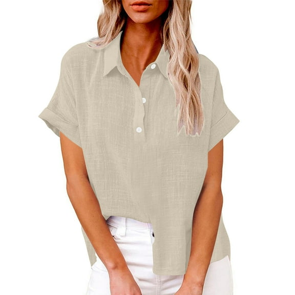 Wyobmus Womens Botton Up Shirt Solid Rolled Short Sleeve Tops V-Neck Loose Fit Vacation Beach Blouse A-Khaki