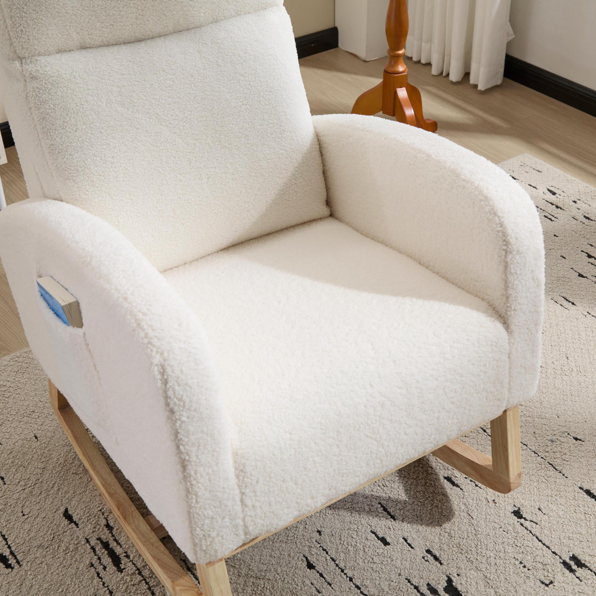 Leumius Rocking Chair Nursery, Teddy Fleece Upholstered Glider Rocker Chairs w/ Curved Solid Wood Base & Side Pocket,Modern High Backrest Nursing Accent Rockers for Living Room, Bedroom,White