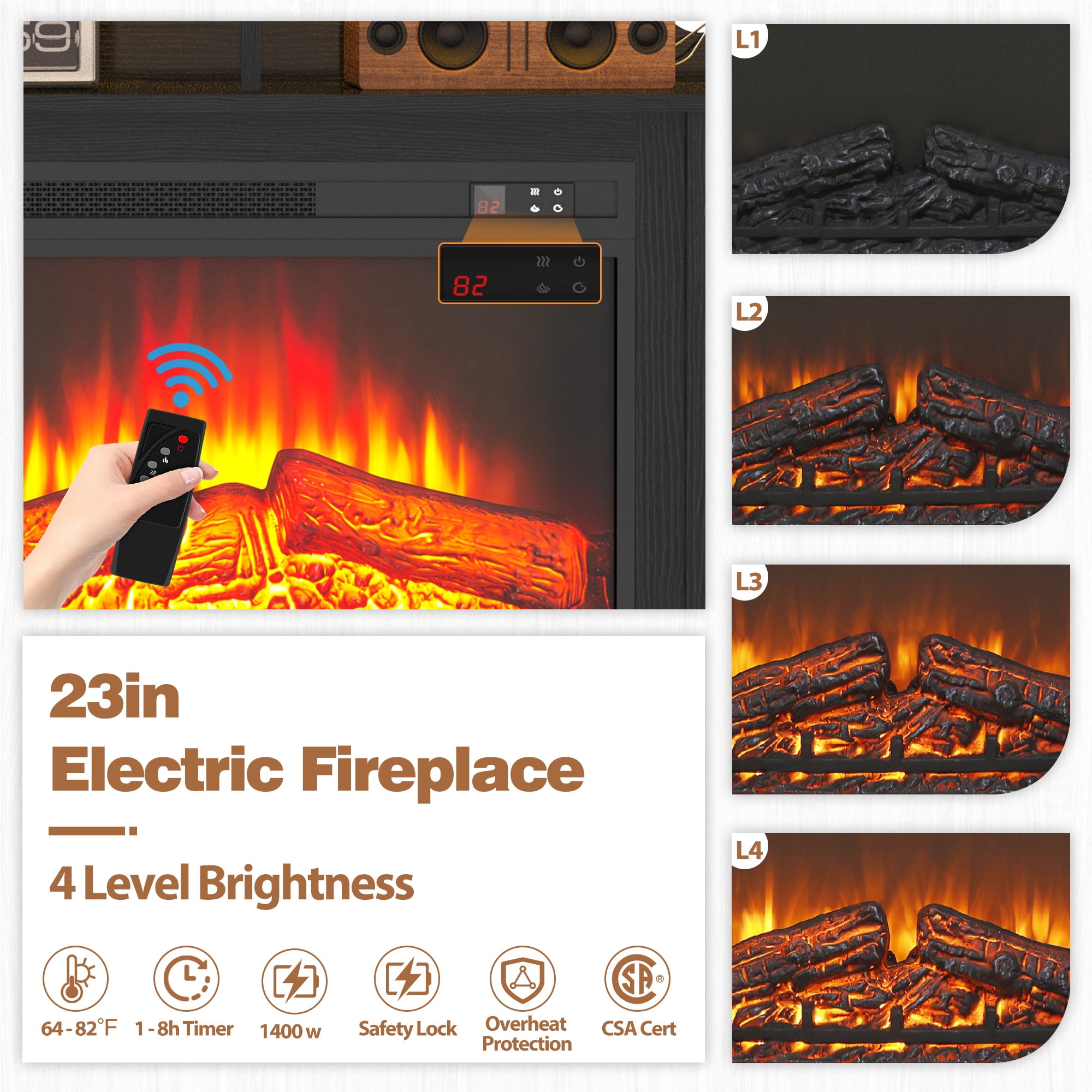 Paproos Fireplace TV Stand for 65 inch TV with LED Lights, 32.0in Tall TV Stand with 23'' Electric Fireplace, Entertainment Center for Living Room, 400 Sqt Heating Area,Black Tabletop&Black Cabinets