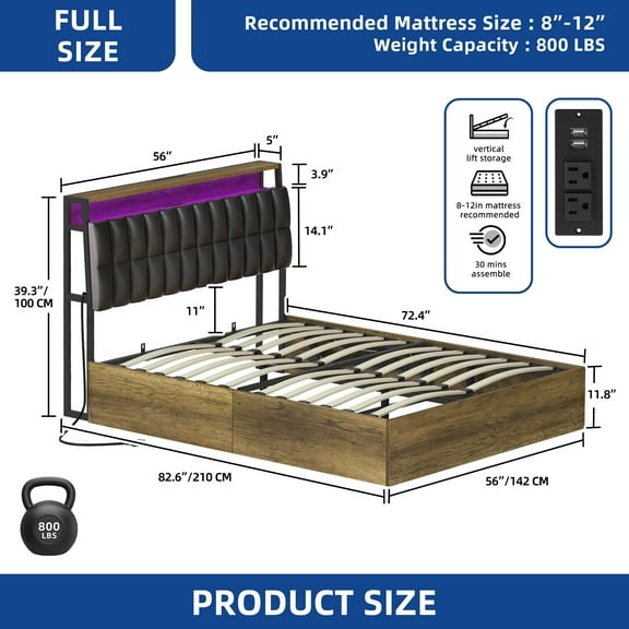 VibrantEcho Full Size Lift Up PU Leather Upholstered Platform Bed Frame with Bookcase Headboard