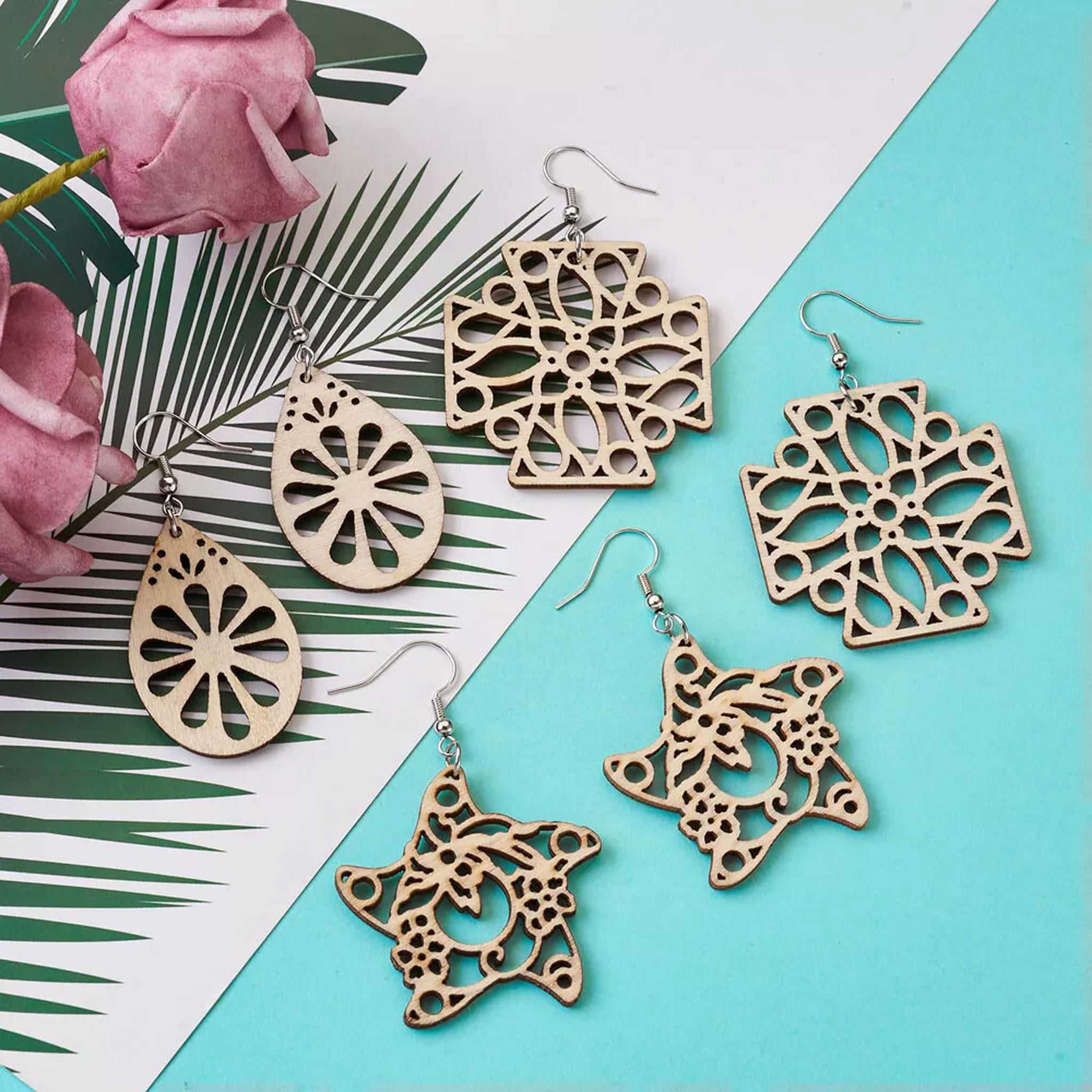 U8MO DIY Dangle Earring Kits 48x Natural Wood Pendants 50xEarring Hooks 50xJump Rings