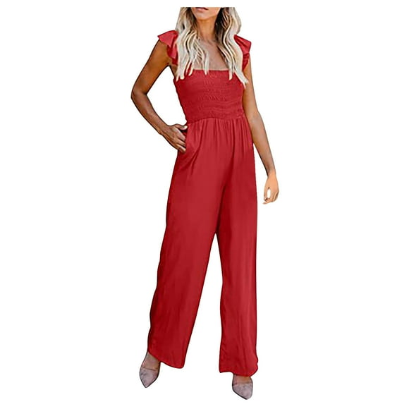 Penkiiy Jumpsuits for Women Women's Solid Color Comfortable Casual Versatile Suspender One-piece Wide Leg Pants Red L Jumpsuits