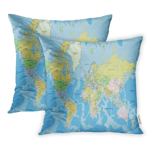 BOSDECO Blue Detail Highly Detailed Political World Map with Labeling Atlas Country Pillowcase Pillow Cover 20x20 inch Set of 2