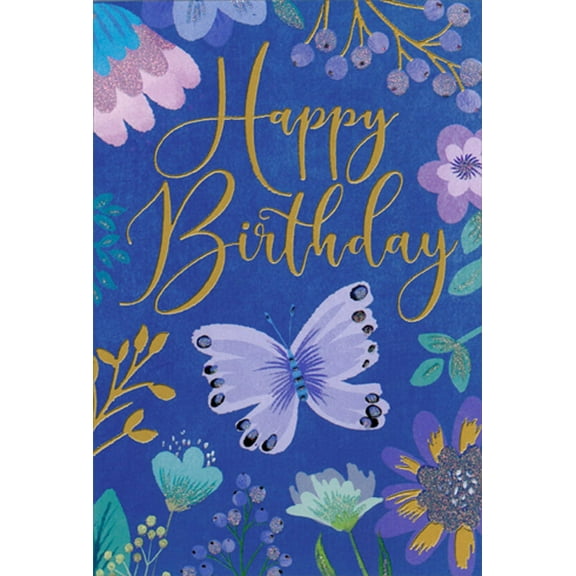 Pictura Purple Butterfly Surrounded by Floral Borders Birthday Card