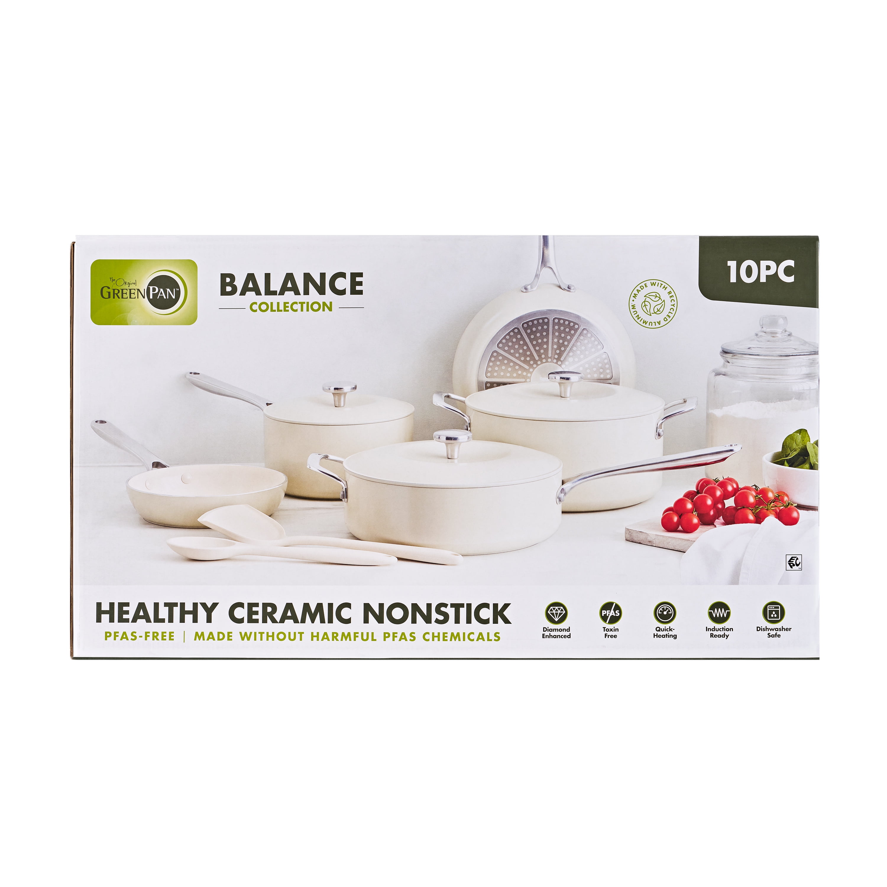 GreenPan Balance 10-Piece Ceramic Nonstick Cookware – Toxin-Free, Dishwasher & Oven Safe, Cream