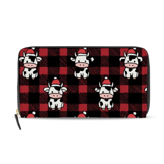 Red Black Gingham Plaids Christmas Cartoon Cow Women's Long Zipper Wallet Bifold Clutch Purse PU Leather Card Cases