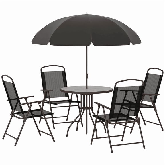 6 Piece Patio Dining Set for 4 with Umbrella, Outdoor Table and Chairs with 4 Folding Dining Chairs & Round Glass Table for Garden, Backyard and Poolside, Black