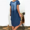 thumbnail image 3 of Pisexur Robe Chemise en Denim pour Femmes Été à Manches Courtes Robe en Jean Usée Unie à Col en V Ourlet Haut-Bas Chandail Tunique Décontractée, 3 of 6