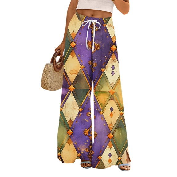 Ladies Loose Casual Printed Wide Leg Pants with Elastic Waistband Drawstring and Pocket Pants, Carnival Theme Trousers, Bohemian Style Pants for Women,Light Purple,XL
