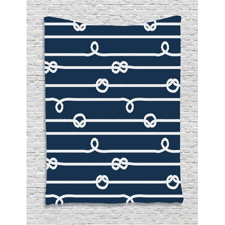Navy Blue Tapestry, Horizontal Marine Knots Ropes Figures Undone Bowline Sailor Sailing Theme, Wall Hanging for Bedroom Living Room Dorm Decor, Blue and White, by