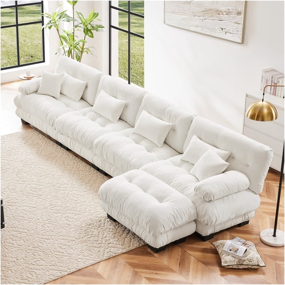 JERFIT Modern Modular Sectional Sofa with Ottoman, 4-Piece L-Shaped Cloud Couch, Plush Chenille Fabric, Convertible Living Room Seating, White
