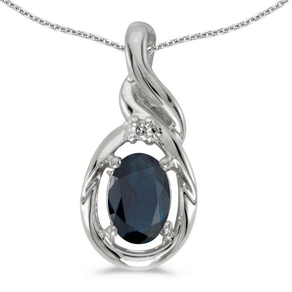 10k White Gold Oval Sapphire And Diamond Pendant with 16" Chain