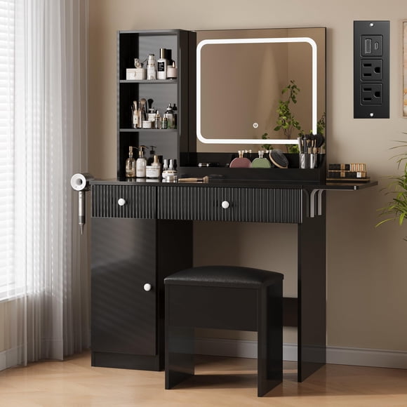 Black Vanity Desk with Mirror & Adjustable LED Lights – Makeup Table Set with Power Outlets, Drawers, Cabinet & Storage Stool – Modern Space-Saving Bedroom Dressing Table, Black