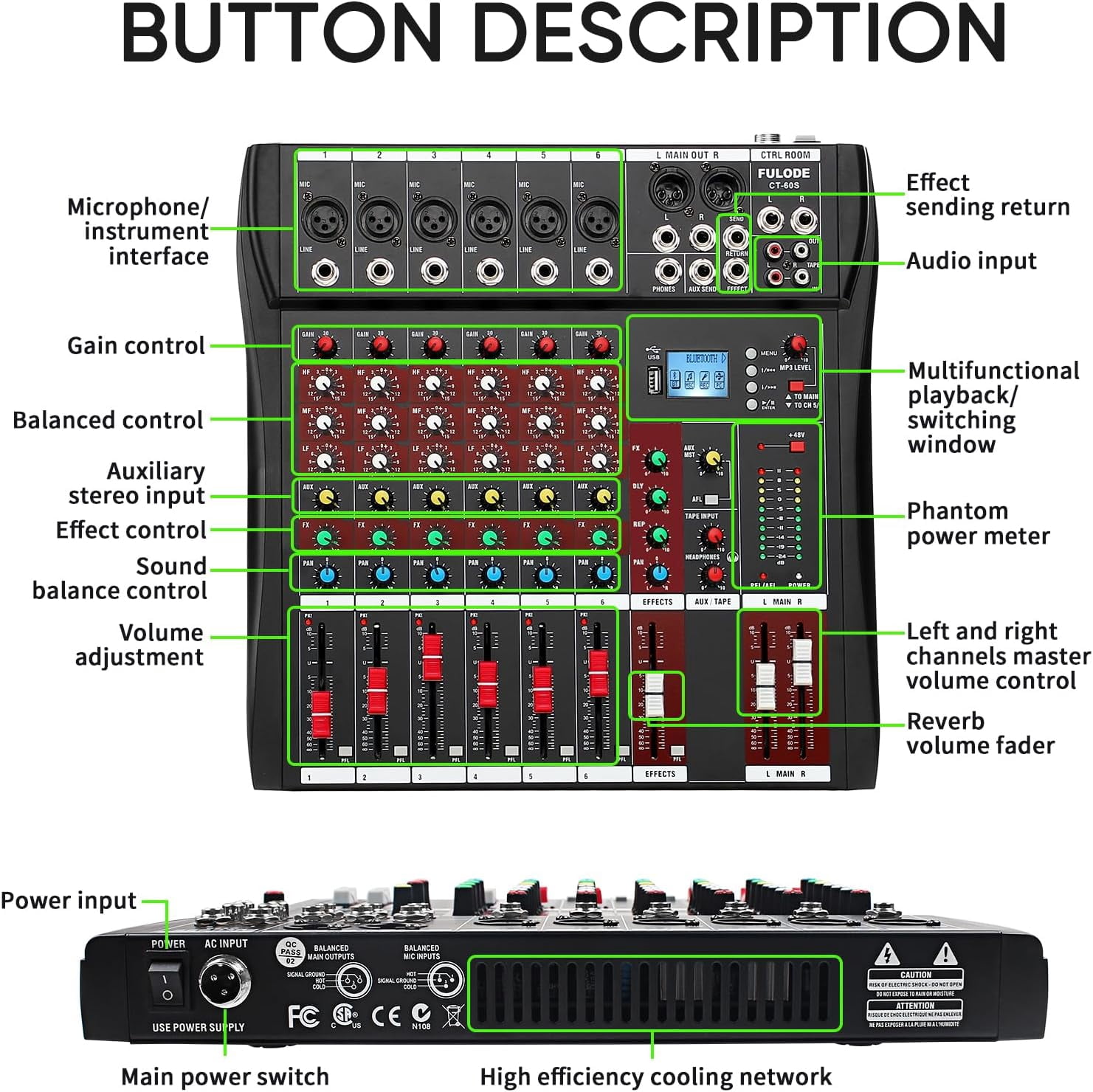 6 Channel Mixer Audio Console, CT-60S Professional Music Mixer DJ Mixing Board with Reverb Bluetooth MP3 Player 48V Phantom Power Supply USB Recording for Studio Karaoke Live Performance