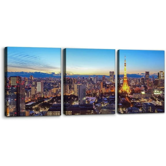 3 Panels Canvas Prints Wall Art Tokyo Tower Modern Wall Decor Japan Cityscape Modern Home Decor Panoramic Skyline Wall Posters and Prints Stretch and Framed Ready to Hang - 12" x 16" x 3