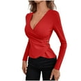 thumbnail image 4 of Blczomt Red T Shirts for Women Long Sleeve Plain Blouses Sexy Button Side Wrap V Neck Women Blouses, 4 of 4