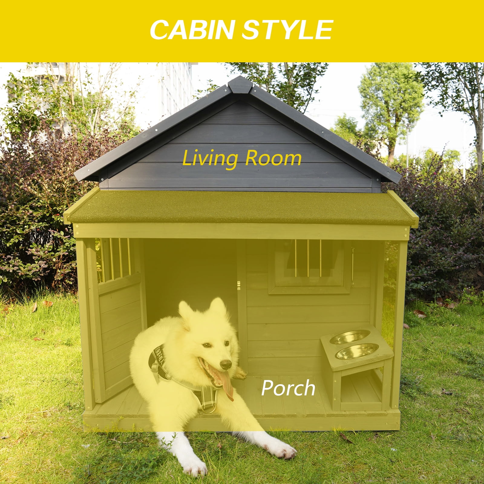imerelez Large Dog House with Terrace 44.2"x44.6"x44.6" Solid Wood Weatherproof Outdoor Kennel for Dogs up to 80lbs, Gray