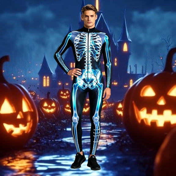 FASHOFT Men's Skeleton Graphic Halloween Costumes Cosplay Outfit Bone Design Carnival Party Stage Performance Dress Up Halloween Costume L
