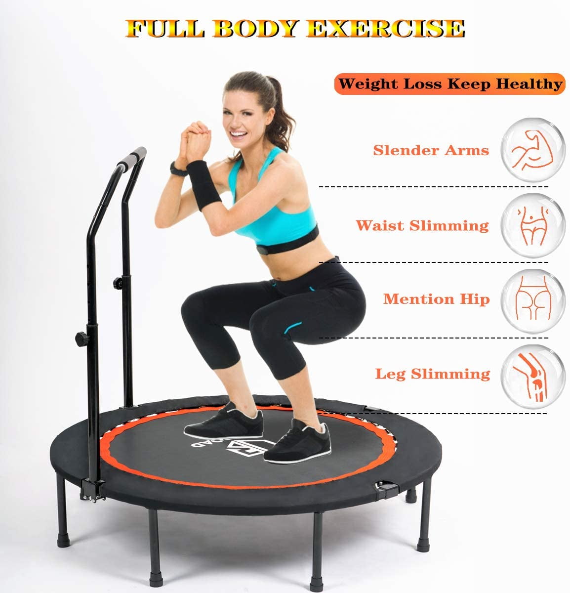 40/48 inch Foldable Mini Trampoline Fitness Rebounder with Adjustable Foam Handle Exercise Trampoline for Adults Outdoor Indoor Garden Workout - Walmart.com