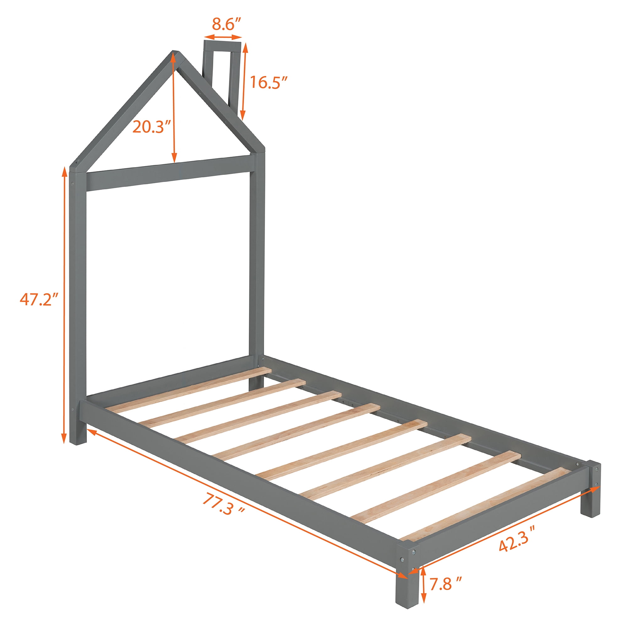 Gewnee Solid Wood Twin Size Platform Bed Frame with House Shaped Headboard for Kids Bedroom,Gray