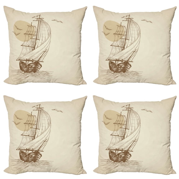 Ambesonne Nautical Throw Pillow Cover 4 Pack, Sailing Ship Birds Sun, 24", Tan Brown
