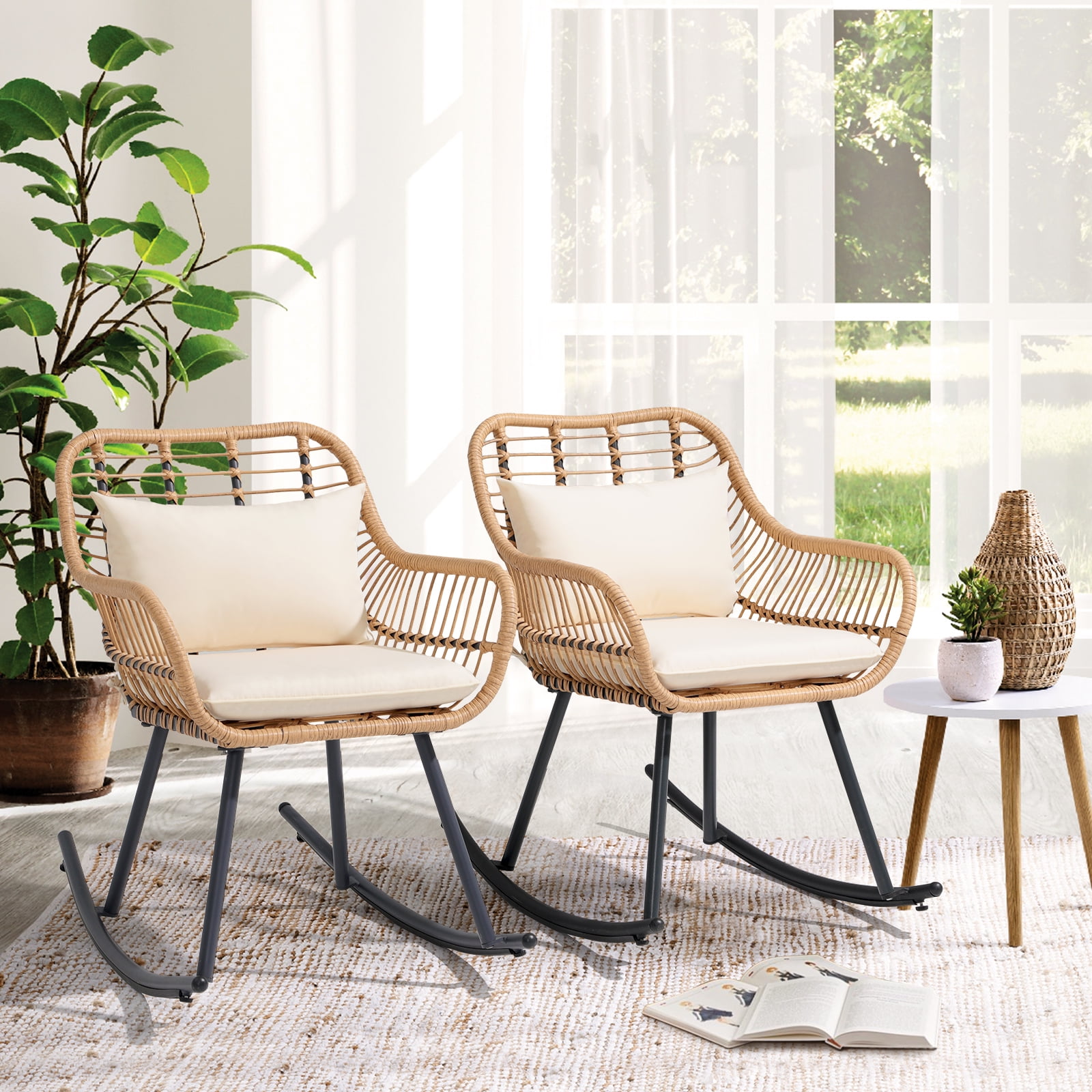 JOIVI Patio Wicker Rocking Chairs Set of 2, Outdoor Rattan Rocking