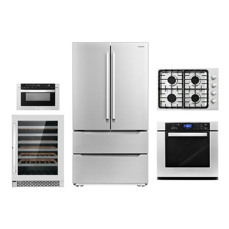 5 Piece Kitchen Package With 30  Gas Cooktop 24  48 Bottle Single Zone Freestanding Wine Refrigerator 30  Single Electric Wall Oven 24  Built-In Microwave Drawer & French Door Refrigerator