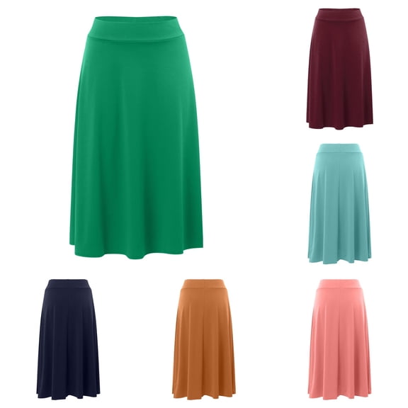 Wxolcjlv Womens Solid High Waist A‑Line Midi Skirt Flared Mid‑Calf Skirts