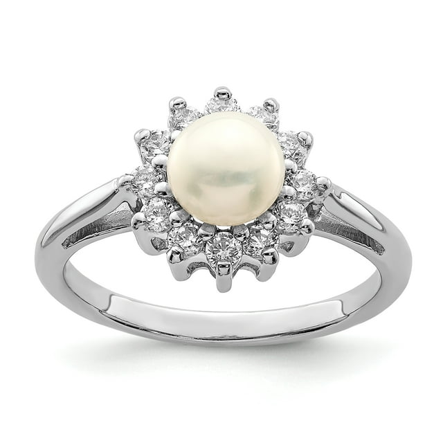 Bague en Argent Sterling 925 Plaquée Rhodium avec Zircone Cubique et Perle de Culture d'Eau Douce
