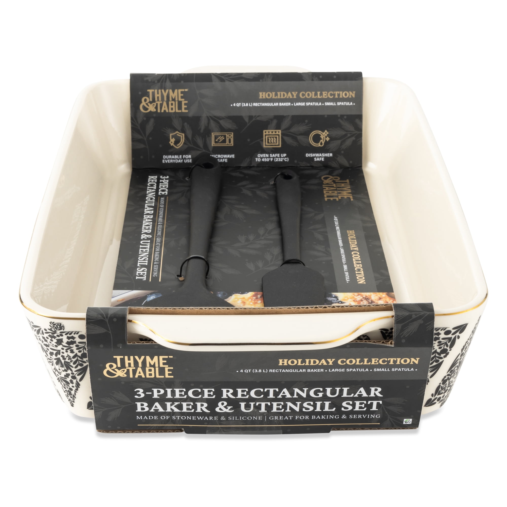 Thyme & Table Ceramic Baking Dish with Silicone Spatulas, Tree Pattern