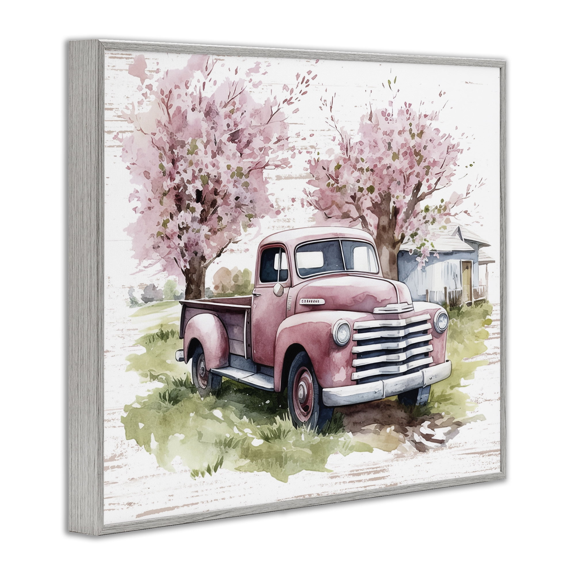 Stupell Industries Cherry Blossoms & Pickup Transportation Painting Gray Framed Art Print Wall Art, 30 x 24