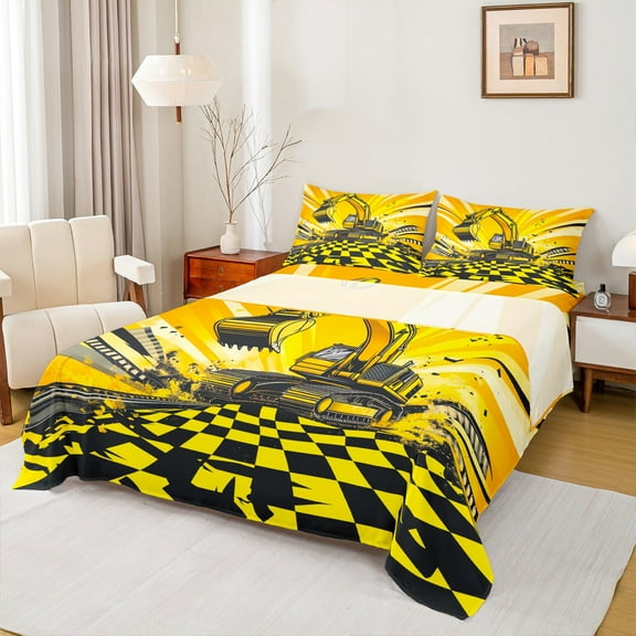 Castle Fairy Yellow Truck 3Pcs Twin Sheet Sets for Boys Men Teens,Cartoon Car Twin Fitted Sheet,Geometric Plaid Breathable Flat Sheet,Breathable Home Decor