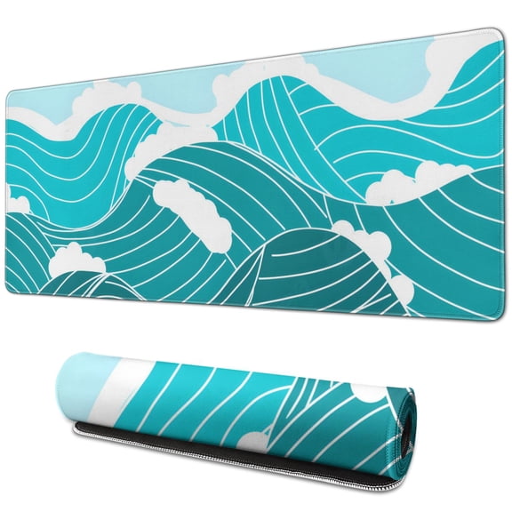 XL Japanese Blue Wave Gaming Mouse Pad: Stitched Edges, Non-Slip Base, Extended Large Size 31.5 x 11.8 Inches