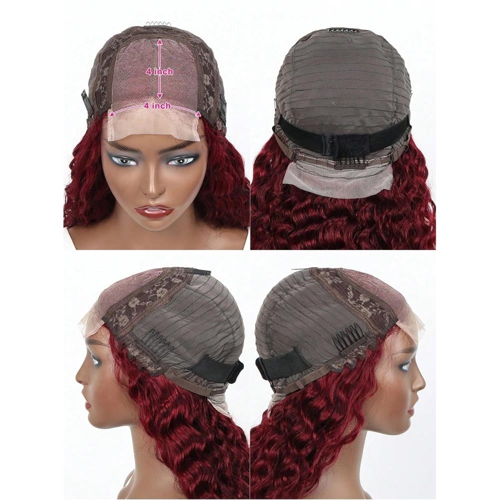 99J Burgundy Short Wigs Human Hair 180 Density 4x4 Transparent Lace Front Wig